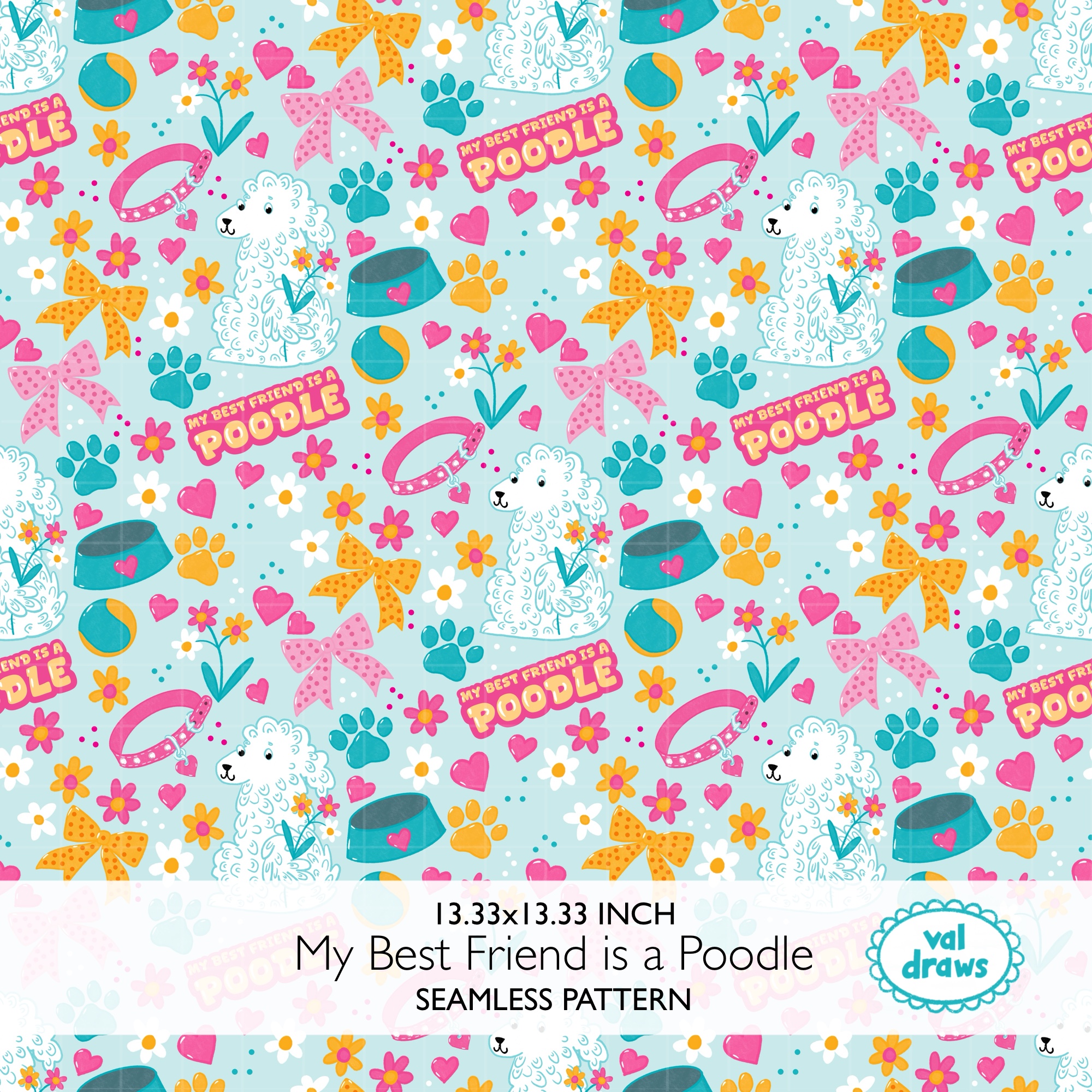 Poodle Friend Coquette Dog Seamless Digital Pattern | Aqua