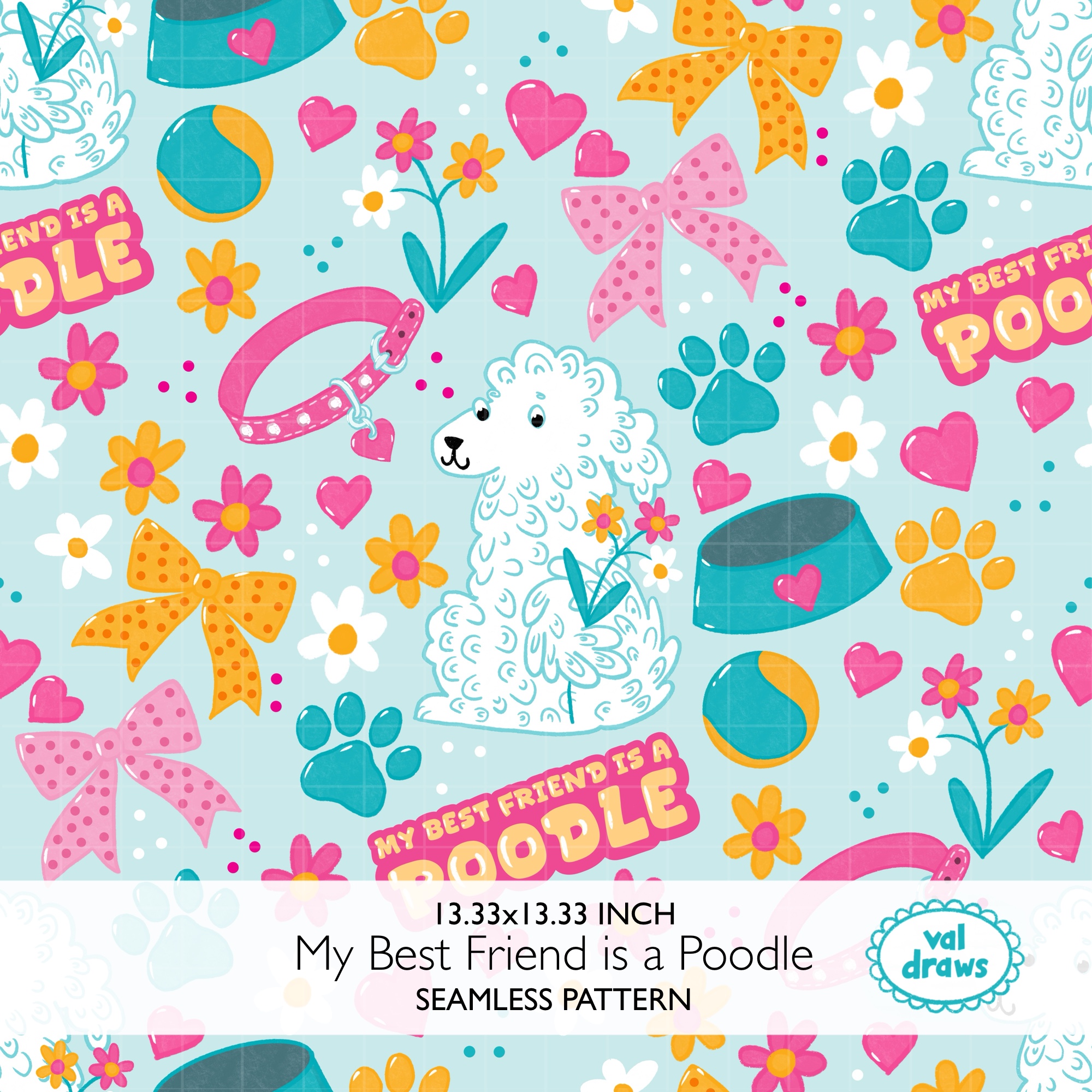 Poodle Friend Coquette Dog Seamless Digital Pattern | Aqua - Image 2
