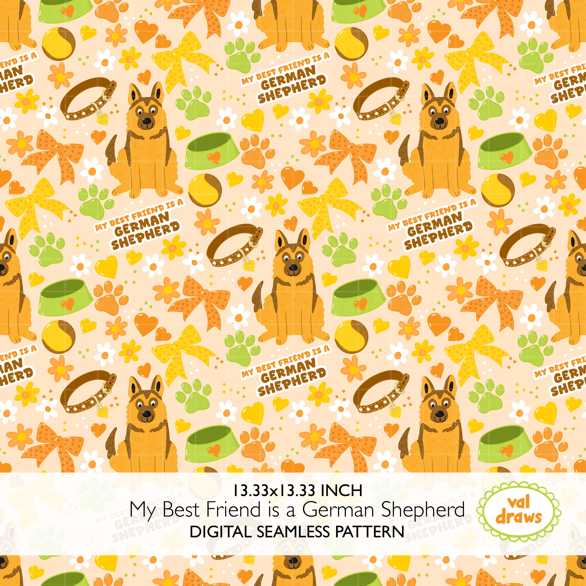 German Shepherd GSD Best Friend Coquette Seamless Digital Pattern | Light Apricot