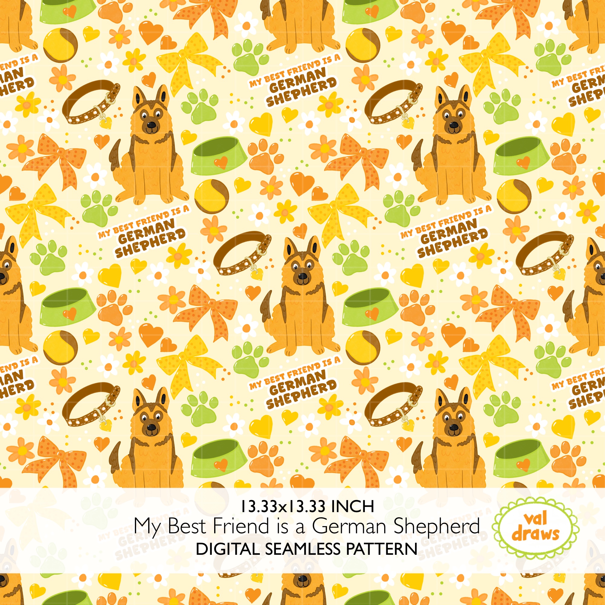 German Shepherd GSD Friend Coquette Dog Seamless Digital Pattern | Cream