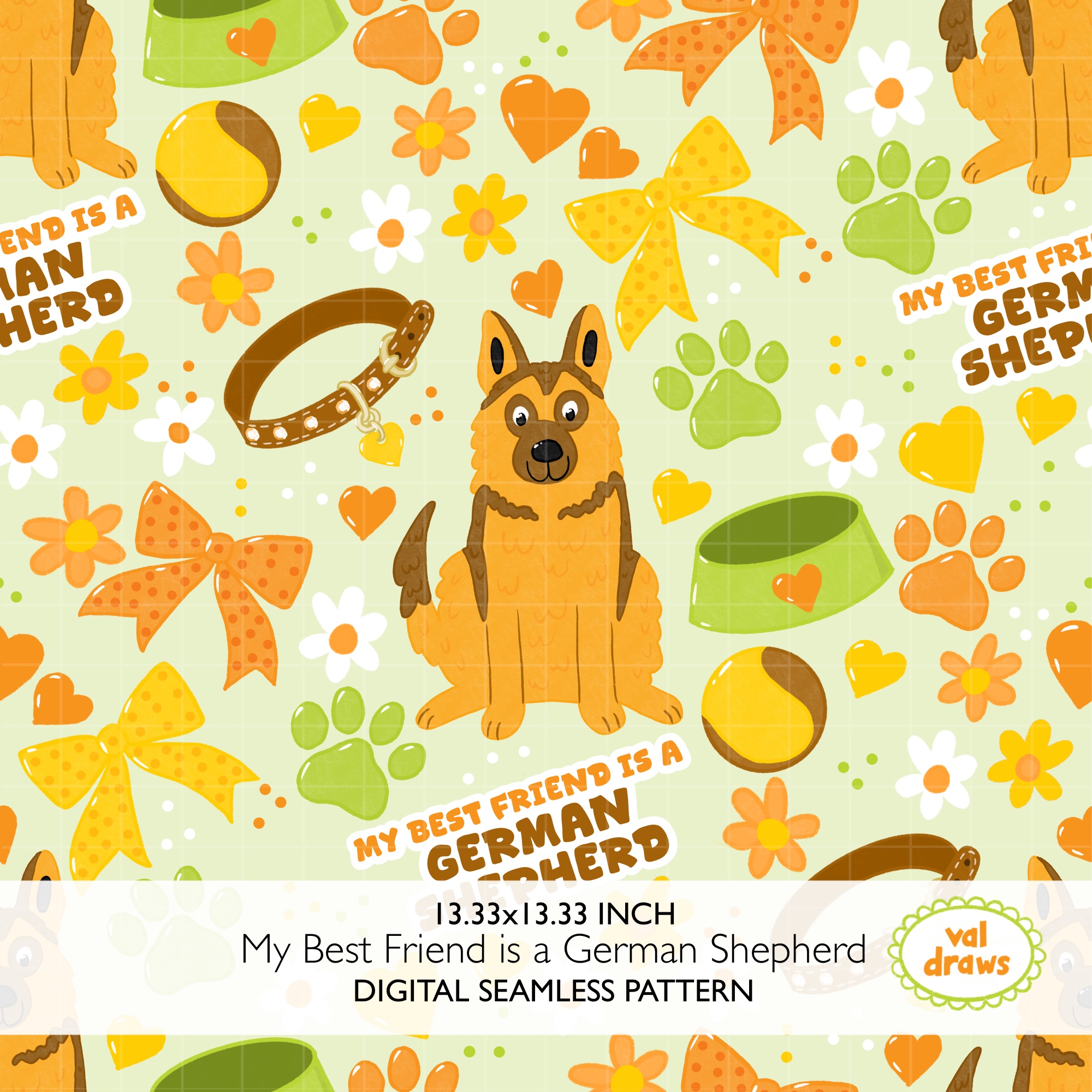 German Shepherd GSD Friend Coquette Dog Seamless Digital Pattern | Light Green - Image 2