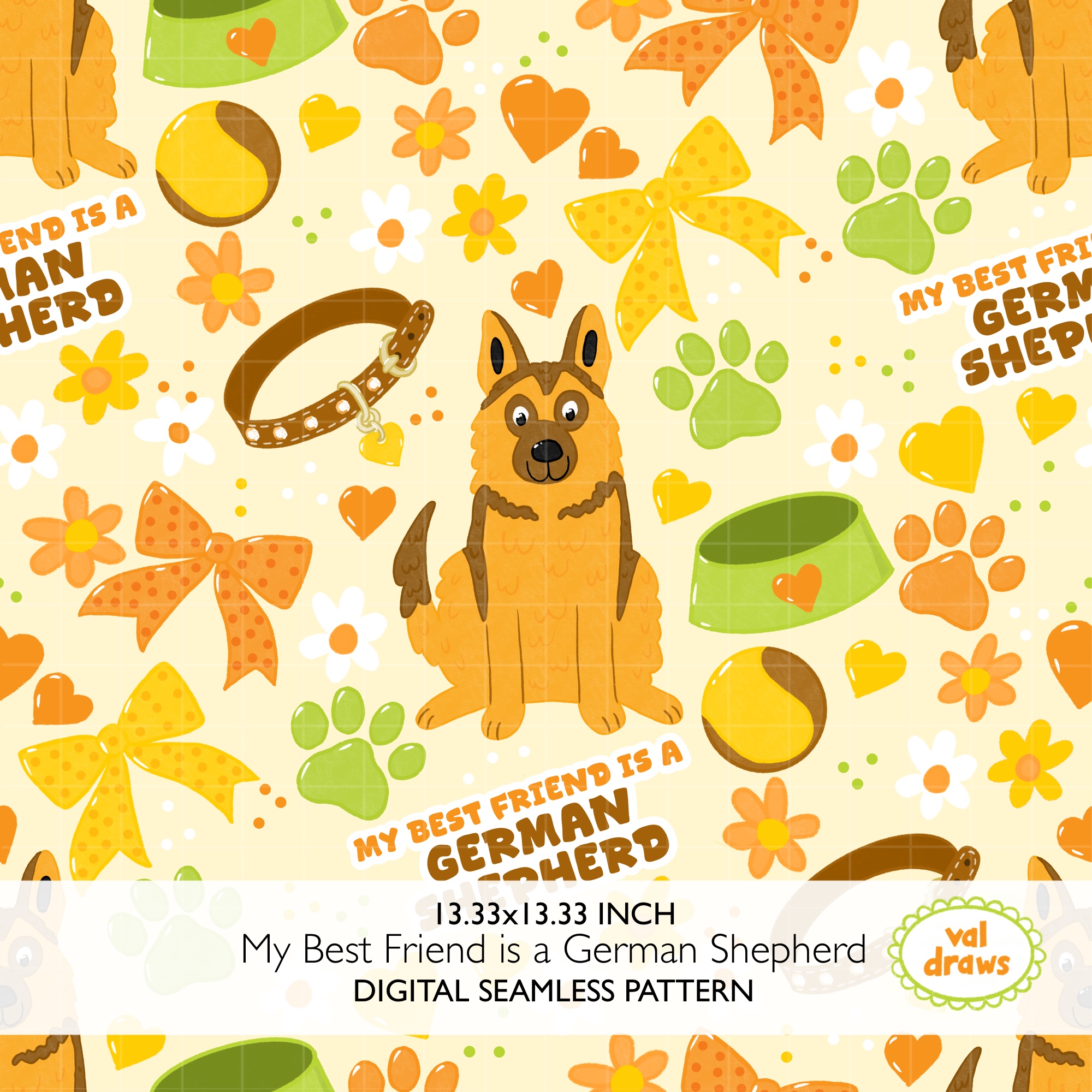 German Shepherd GSD Friend Coquette Dog Seamless Digital Pattern | Cream - Image 2